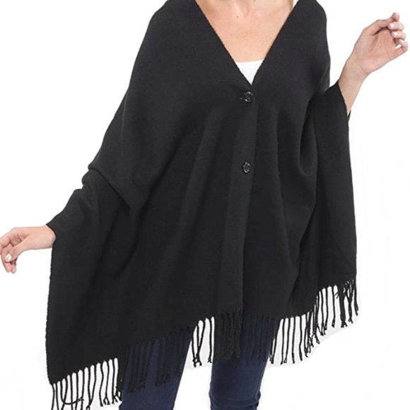 Alpine Swiss Women's Button Up Fringe Cape Long Scarf Shawl, Black, One Size - Picture 2 of 8